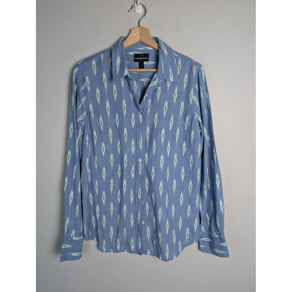 J.CREW Button-Up Girls 14 Blue Long Sleeve Collared Geometric 100% Cotton